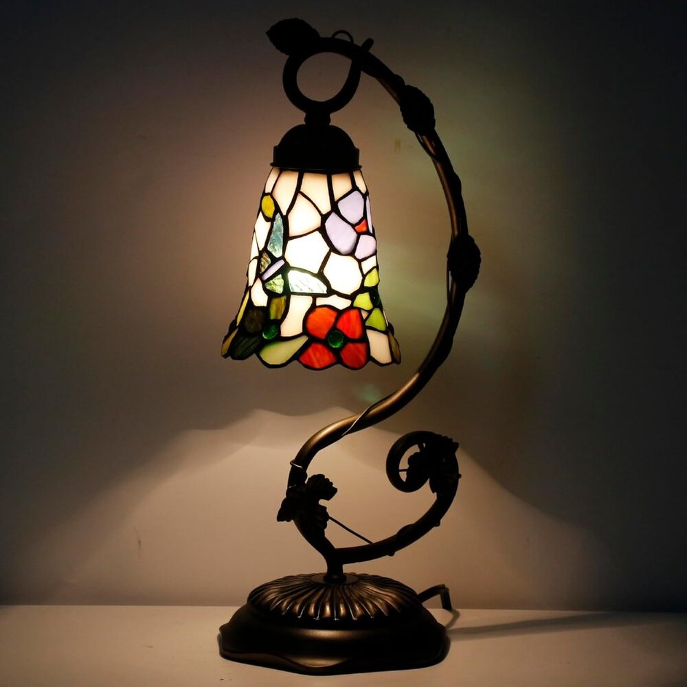 Tiffany Style Handcrafted Stained Glass Flower Butterfly Metal Leaf Base - Picture 2 of 4